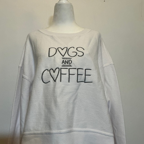 Chicka-d “Dogs and Coffee” White Waffle Knit Sweatshirt Women’s Size L - Picture 3 of 7
